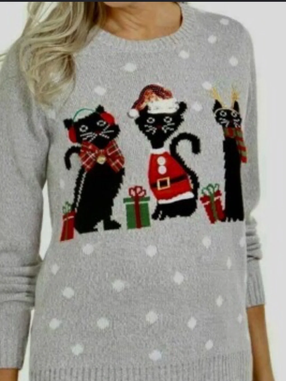 Karen Scott Gray Holiday Cat Crewneck Sweater with Red & Green Accents large